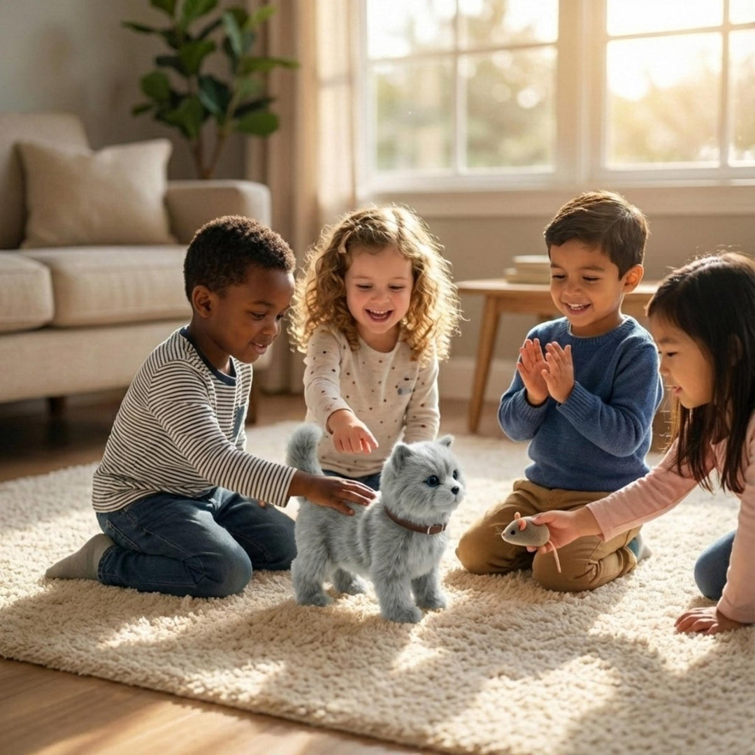 Elektronisches Roboter-Kätzchen als interaktives Spielzeug für Kinder; läuft, miaut und bewegt sich spielerisch.