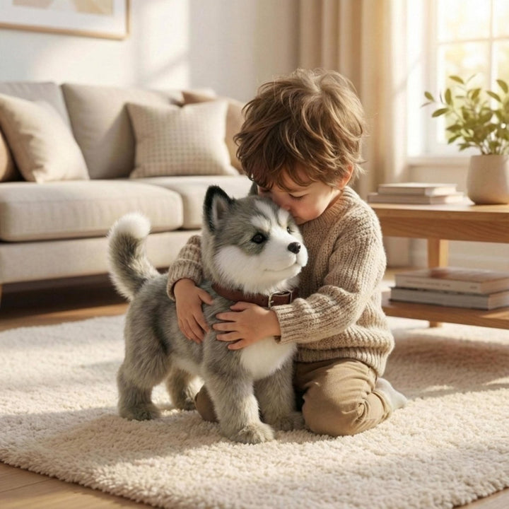 Kuscheliger Plüsch-Husky-Welpe, ein interaktiver Roboterhund mit lebensechten Bewegungen und bellt wie echt.