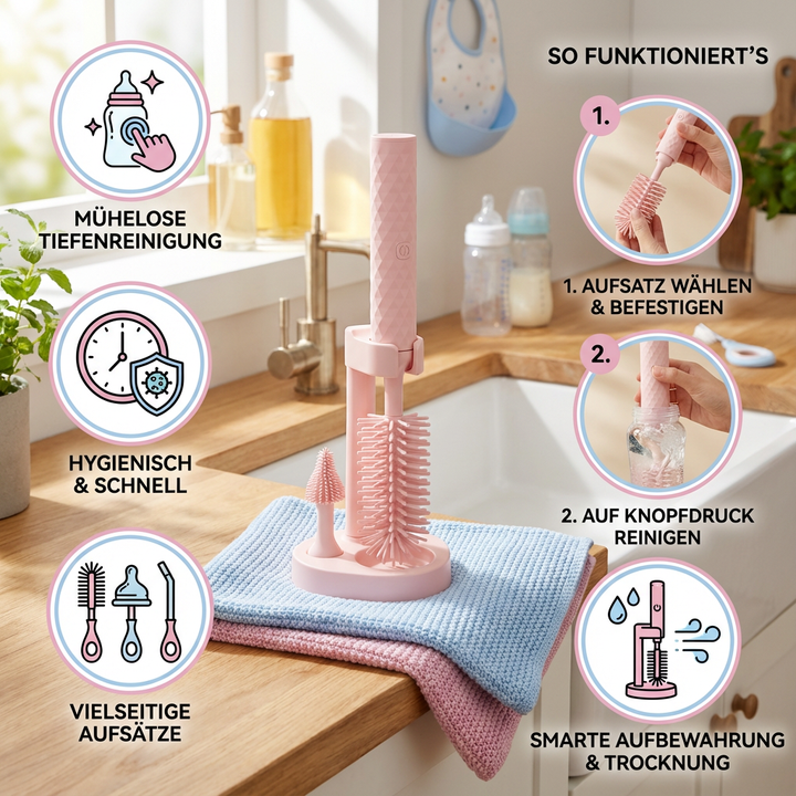 Elternfreundlicher elektrischer Flaschenreiniger für Babys; garantiert schnelle und gründliche Hygiene der Babyflaschen.