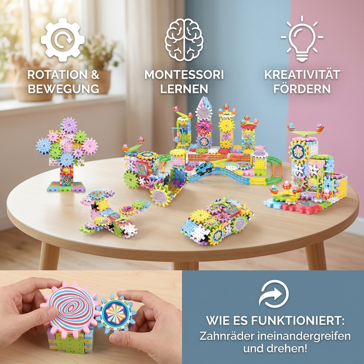 Kind spielt mit bunten, rotierenden Zahnrad-Bausteinen; ein spannendes Konstruktionsspielzeug.