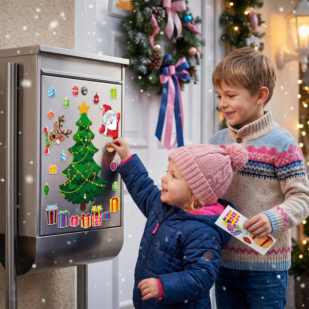 Kinder dekorieren mit bunten Weihnachts-Magneten, Montessori Lernspielzeug zum Basteln.