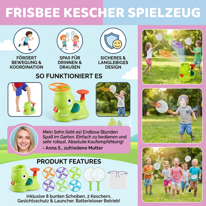 Geschenkidee für Kinder: Frisbee Kescher Set. Sorgt für Spielspaß, Bewegung & trainiert die Geschicklichkeit.