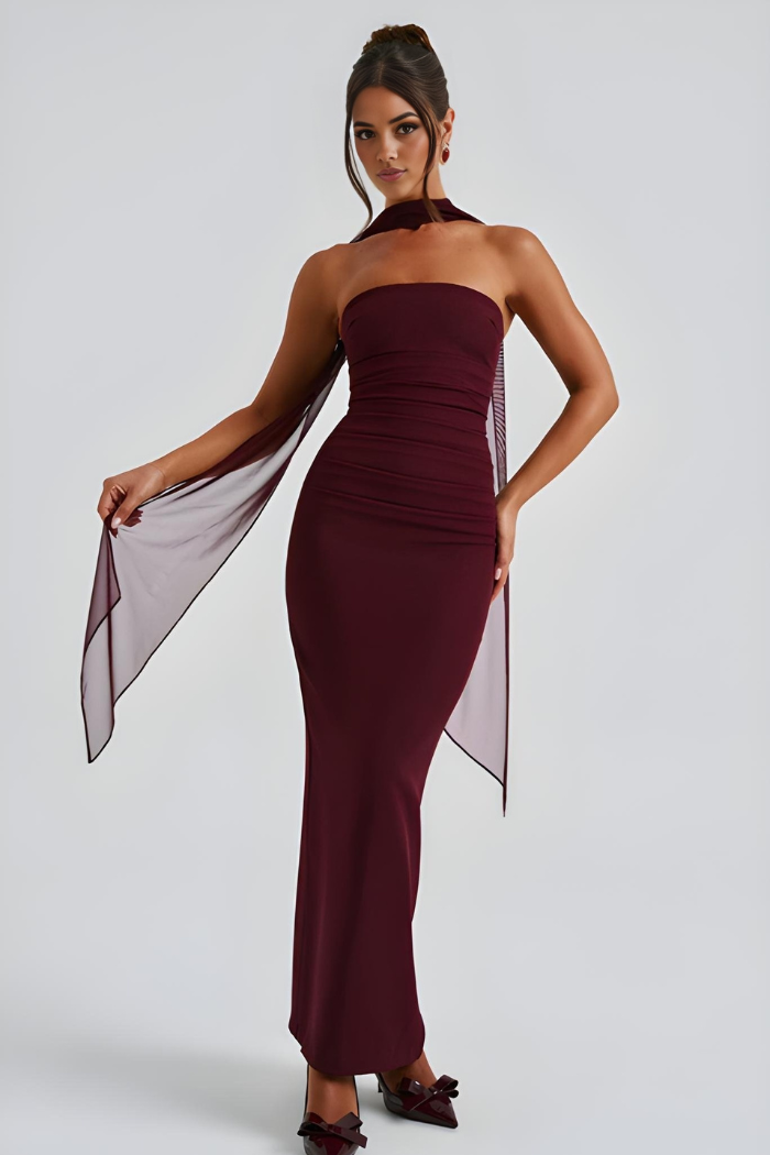 Schickes trägerloses Damen Bodycon Maxikleid, figurbetontes Cocktailkleid mit Schal für besondere Anlässe.