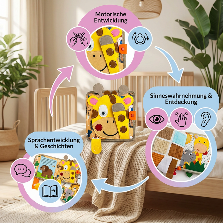 Interaktives Montessori Fühlbuch mit Giraffen zum Lernen, fördert sensorische Fähigkeiten und frühkindliche Bildung.
