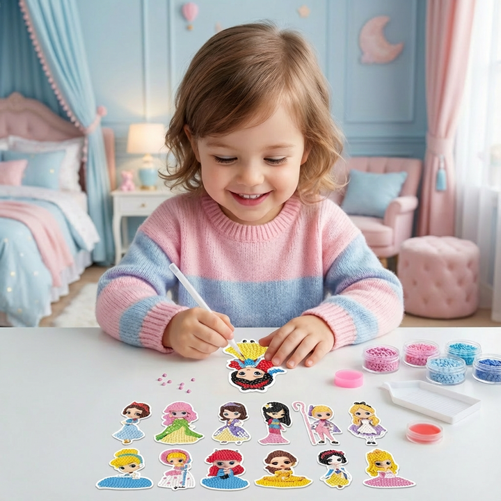 Set mit Diamantmalerei Stickern für Kinder, fördert Kreativität und Konzentration beim Basteln.