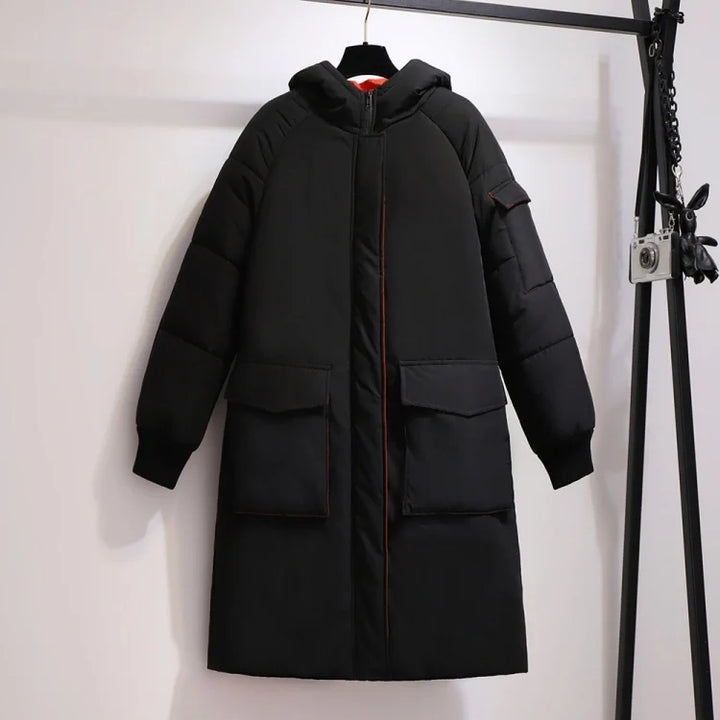 Damen Puffer Winterjacke Übergröße lang, warm & stilvoll für kalte Tage.