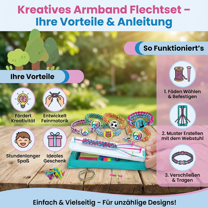 Vielfältige DIY Freundschaftsarmbänder, geflochten mit dem Bastelset. Bunter Schmuck für Kinder & Teenager.