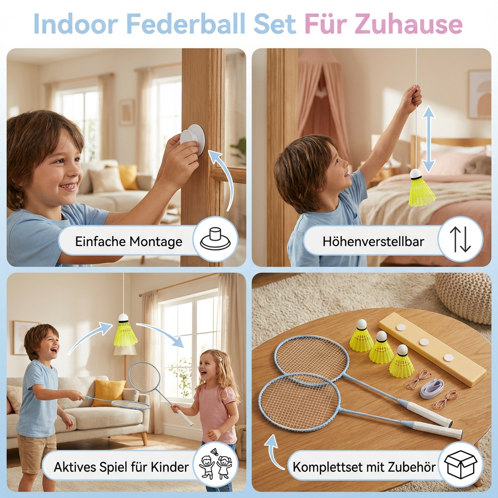 Detaillierte Ansicht des Indoor Federball Spielsets: Leichte Schläger und weicher Federball für drinnen.