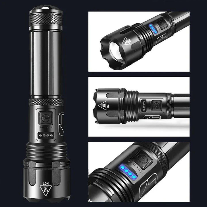 Wasserdichte IPX8 Aluminium LED Taschenlampe, 500m Reichweite, stoßfest, USB aufladbar.