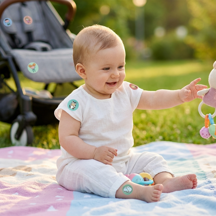 Süße Mückenschutz-Aufkleber auf Baby-Kleidung. Natürlicher Schutz vor Insekten für Kinder und Babys.