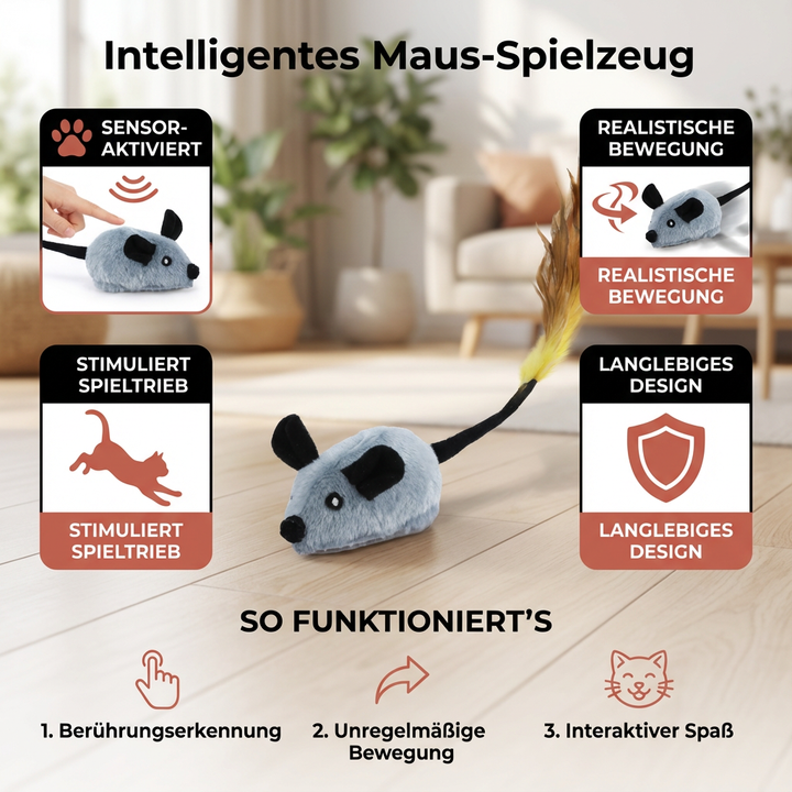 Bewegliches interaktives Katzenspielzeug in Mausform für aktive Katzen, fördert Bewegung und Wohlbefinden.