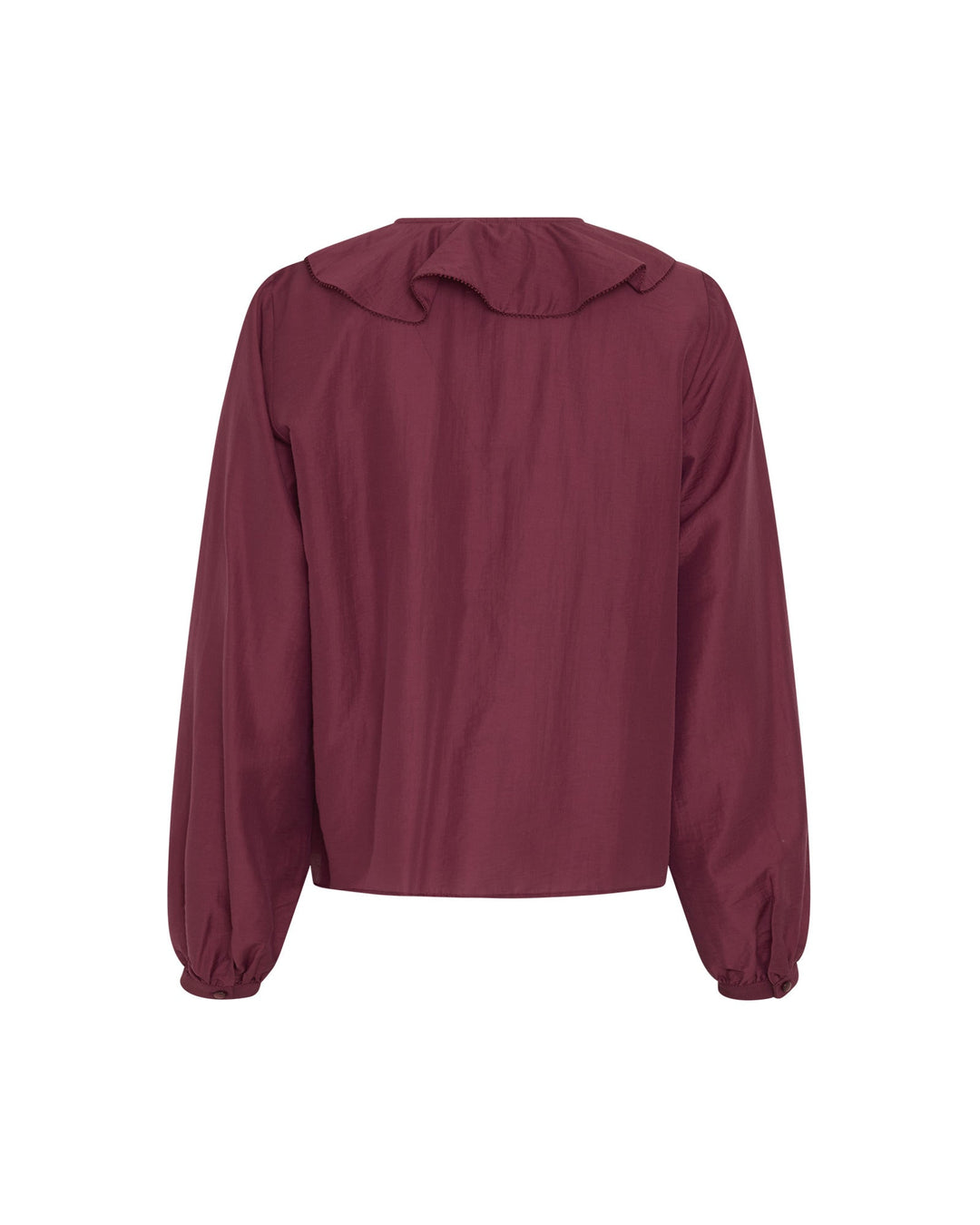 Elegante Damenbluse mit Rüschen am V-Ausschnitt. Langarm-Design ideal für Büro- und Freizeit-Outfits.