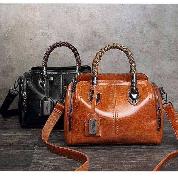 Große braune Damen Handtasche aus Rindsleder, Vintage Look, Doppelgriff.