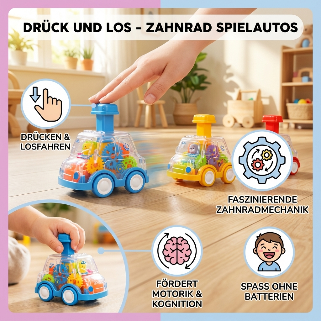 Robustes, buntes Zahnrad Spielauto für Kinder, Push & Go Funktion, fördert Motorik, ideales Vorschulspielzeug.