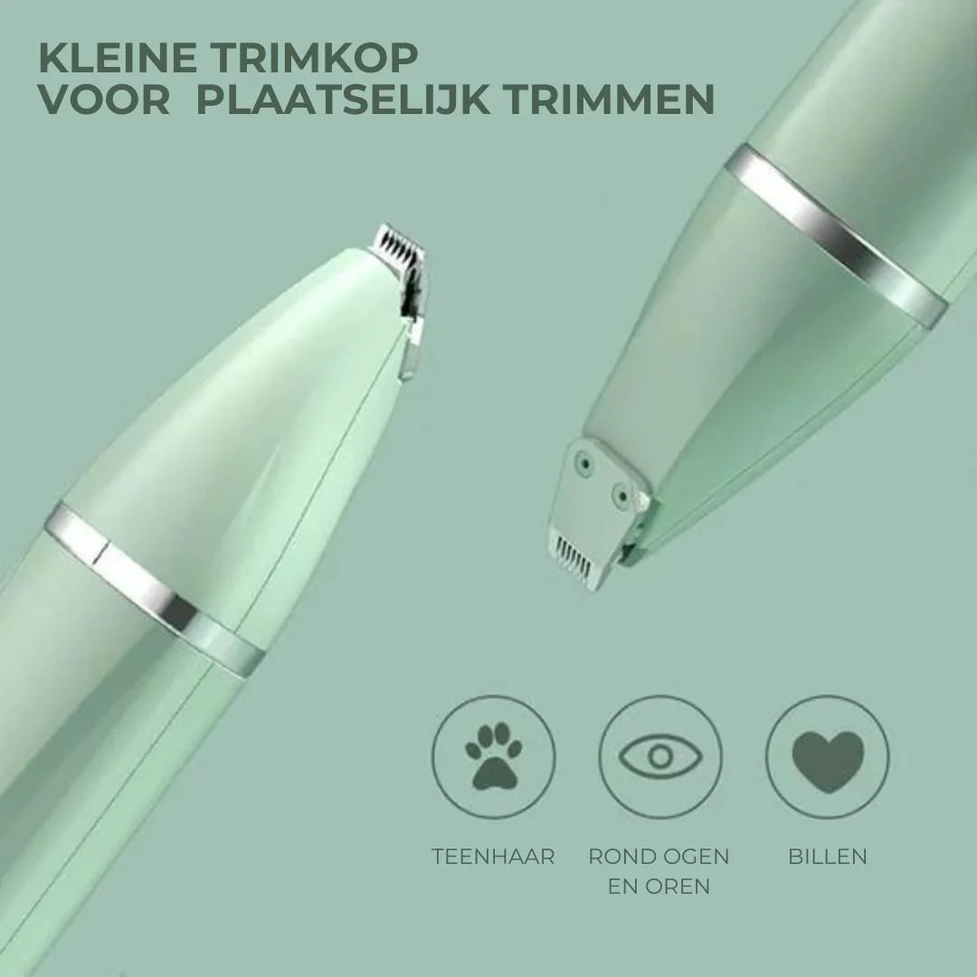 Kabelloser 4-in-1 Haustier-Trimmer für Hunde & Katzen: Flexible Fell-, Krallen- & Pfotenpflege.