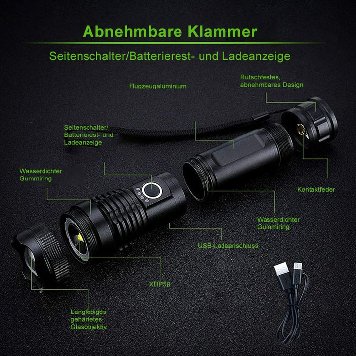 Kompakte, robuste LED Handlampe, 500m Reichweite, USB aufladbar, für Outdoor & Notfälle.
