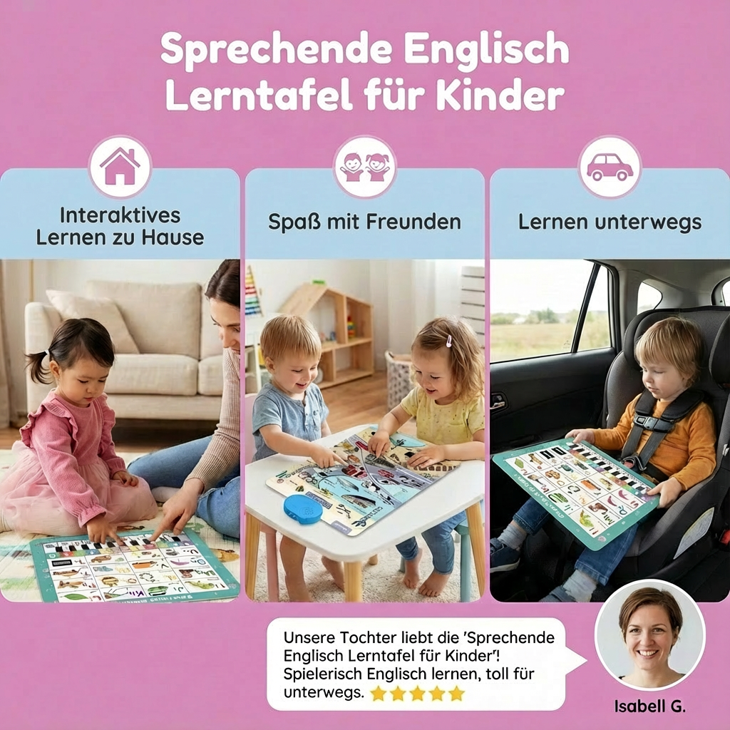 Elektronische Englisch Lerntafel mit Tasten für Aussprache und interaktives Wortschatztraining für Kinder.