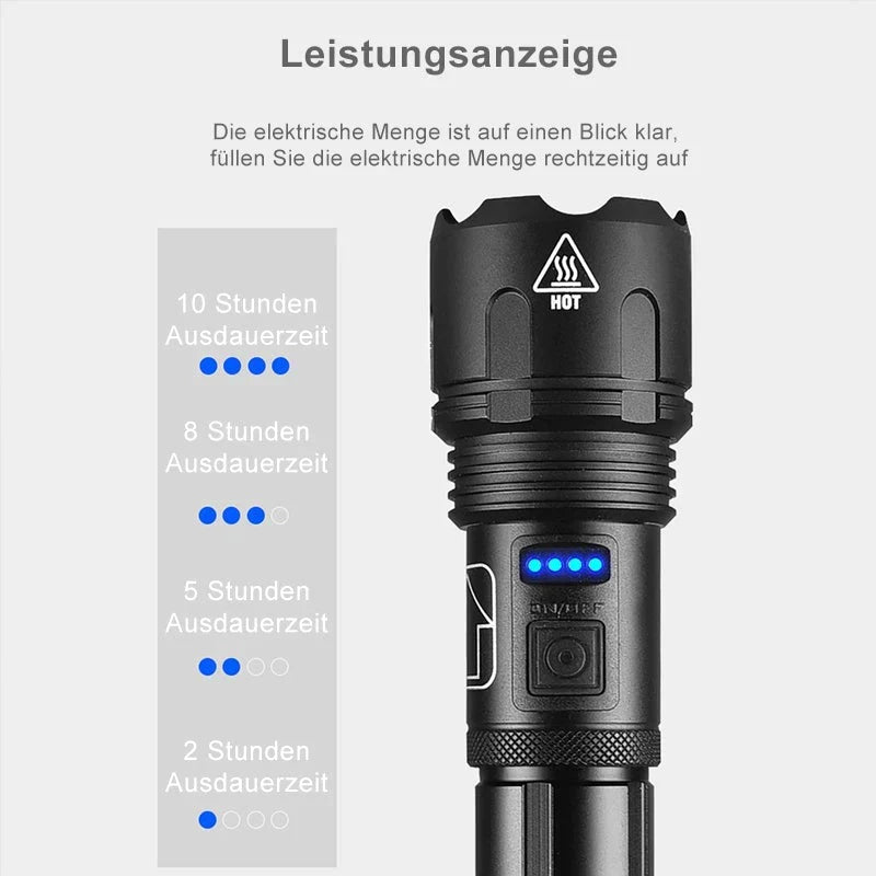 Hochleistungs-LED Taschenlampe, robust, USB aufladbar, 500m Reichweite, 5 Modi, Zoom.