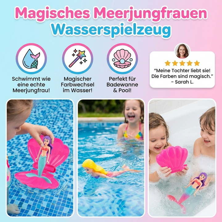 Kind spielt mit Meerjungfrauen-Spielzeug: Fröhlicher Badespaß für Kinder mit dem bunten Wasserspielzeug in der Badewanne.