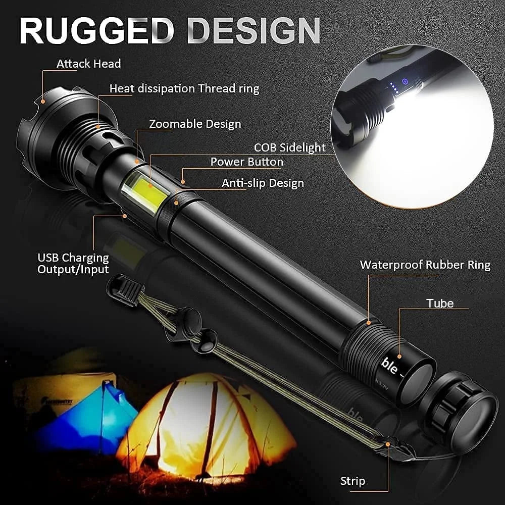 Wiederaufladbare Hochleistungs-LED-Taschenlampe (XHP70) für Outdoor-Abenteuer. Wasserdicht & extrem hell (70.000 Lumen).