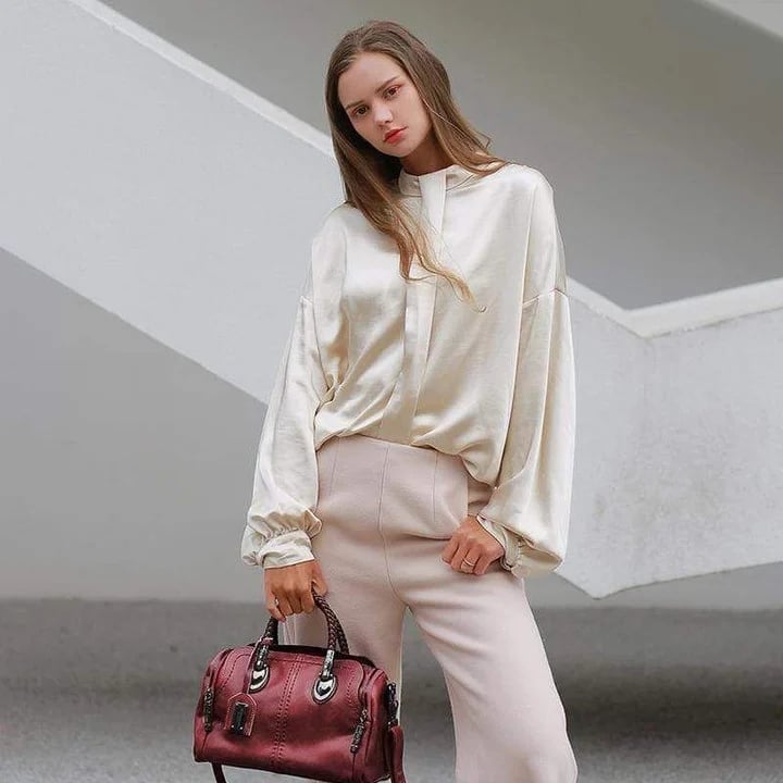 Schwarze Damen Vintage Ledertasche mit Doppelgriff, große Schultertasche.