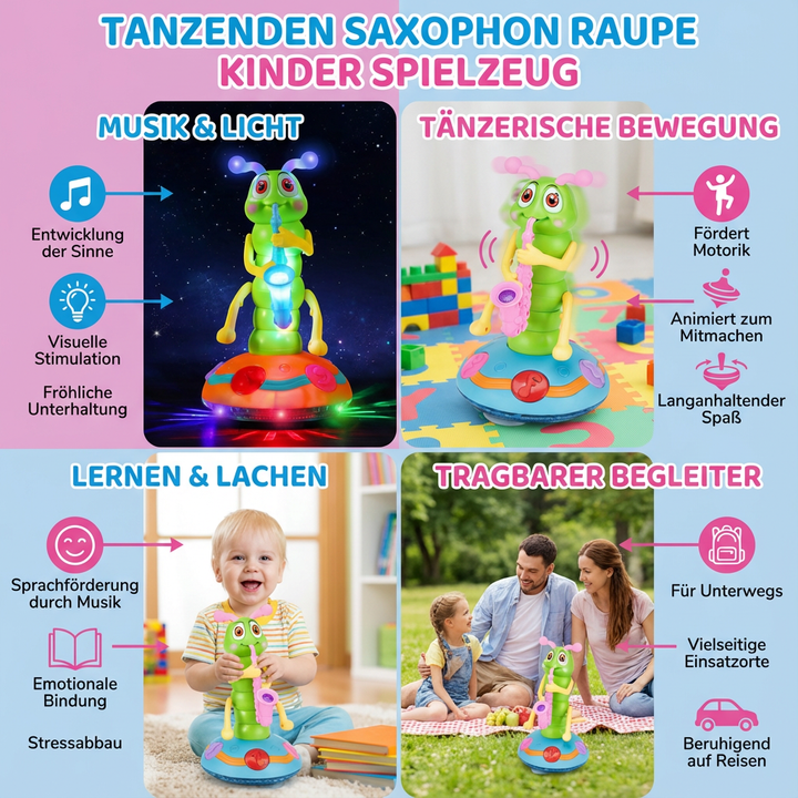 Detailaufnahme der tanzenden Saxophon Raupe, die Kinder zum Tanzen animiert. Interaktives Musikspielzeug mit LED-Lichtern.