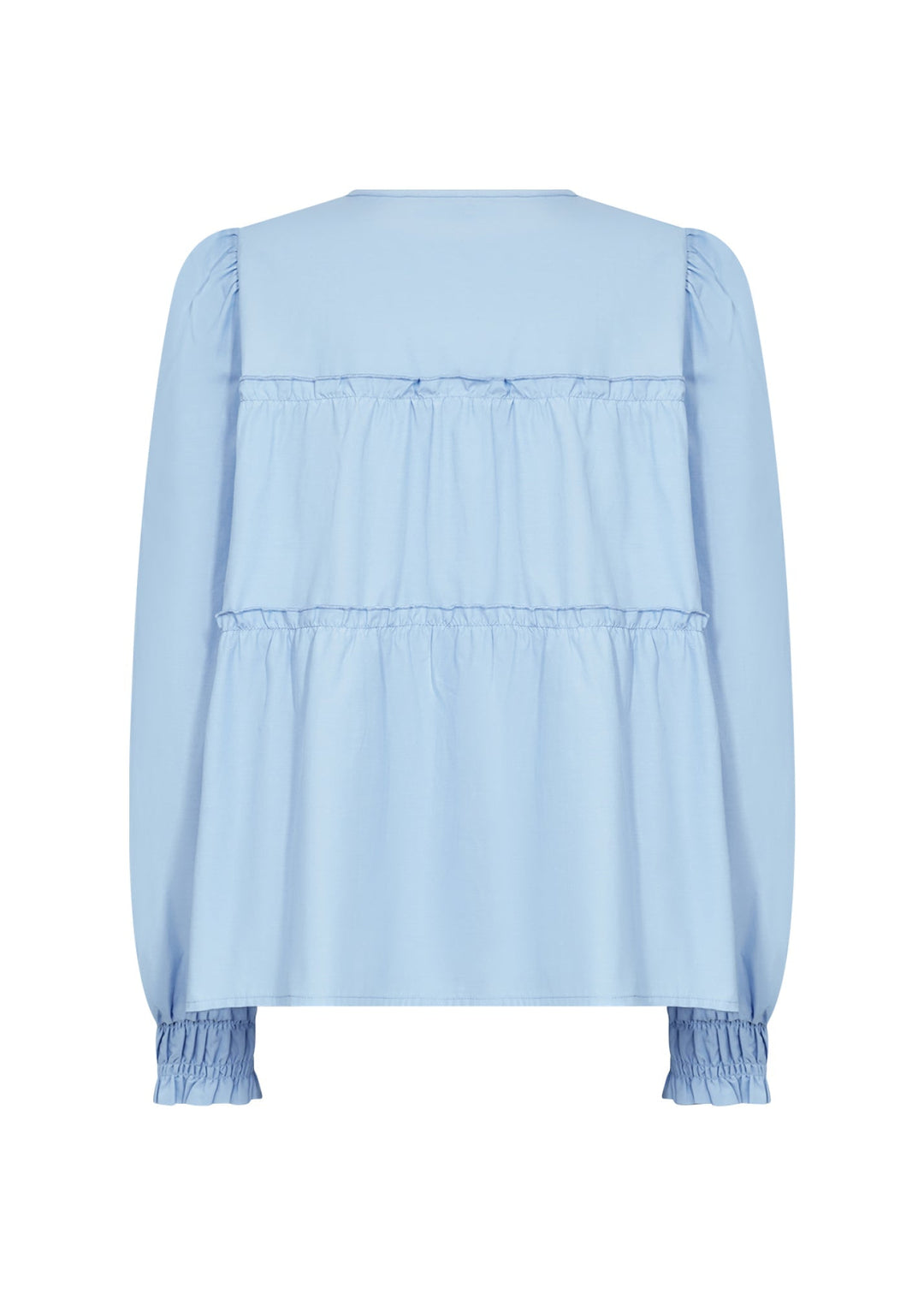 Stilvolle Rundhalsbluse für Damen mit eleganten Rüschen. Perfekte Damenmode als Business Casual Oberteil.