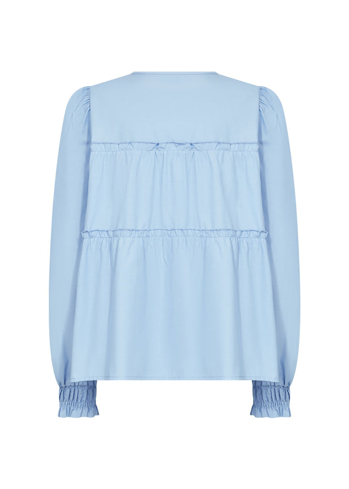 Stilvolle Rundhalsbluse für Damen mit eleganten Rüschen. Perfekte Damenmode als Business Casual Oberteil.