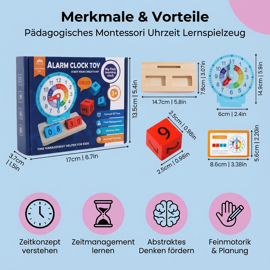 Praktisches Montessori Uhrzeit-Spielzeug aus Holz für Kinder. Spielerisch die Zeit verstehen, für Zuhause & Kita geeignet.
