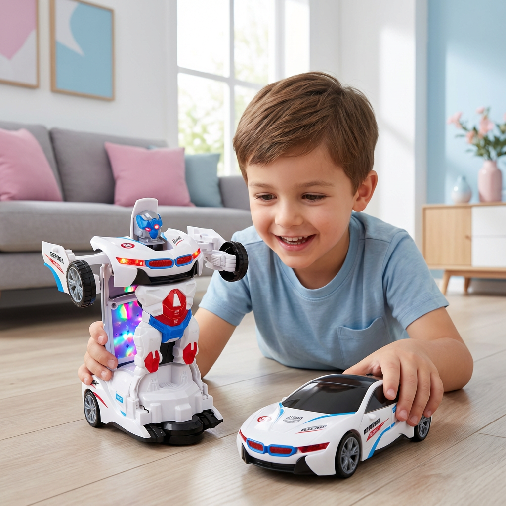 Roter Kinder-Rennwagen, der sich in einen Roboter verwandelt, mit Licht- und Soundeffekten.