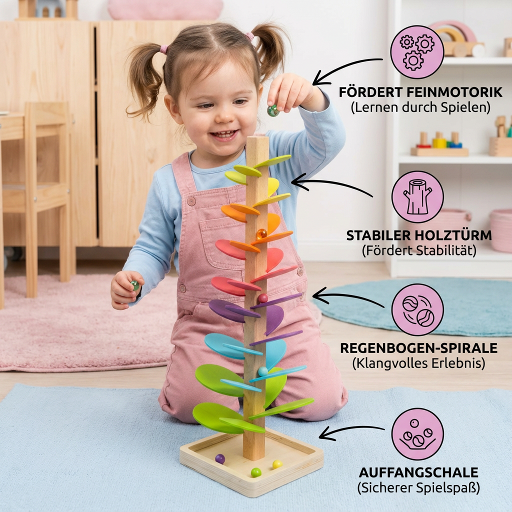 Detailansicht des Montessori Regenbogen Murmel Turms aus robustem Holz für Babys und Kleinkinder.