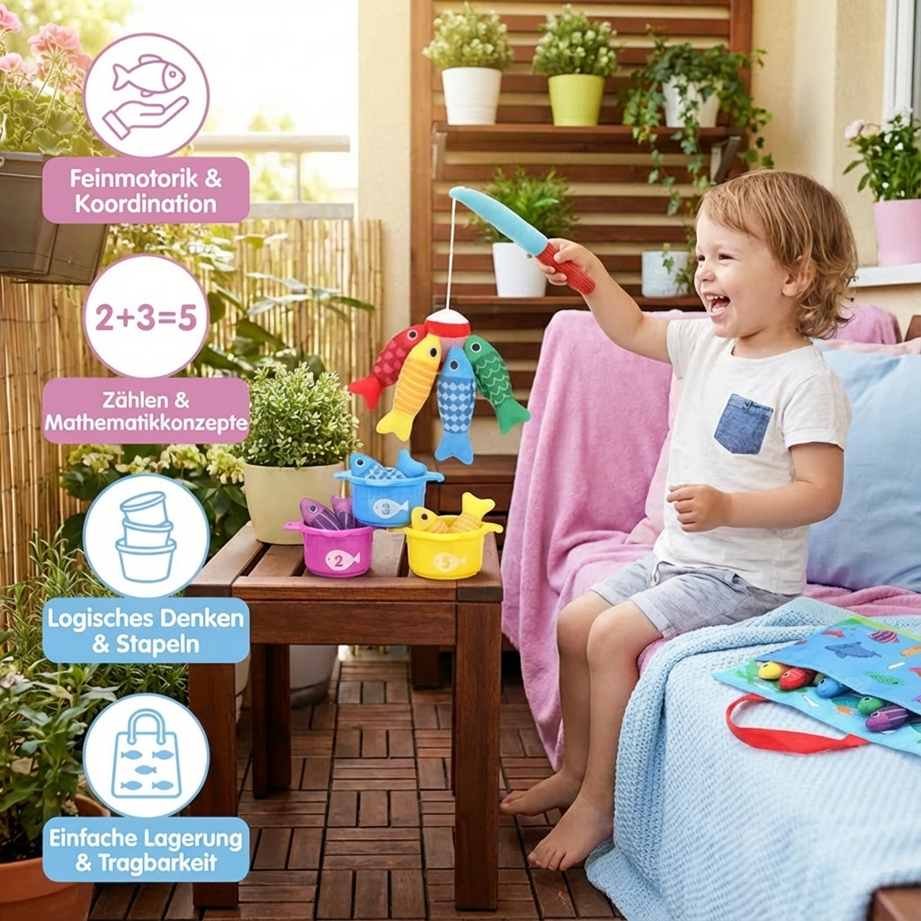 Interaktives Montessori Plüsch Fischteich Spielzeug: Kinder angeln bunte Fische, trainieren Feinmotorik & Konzentration.