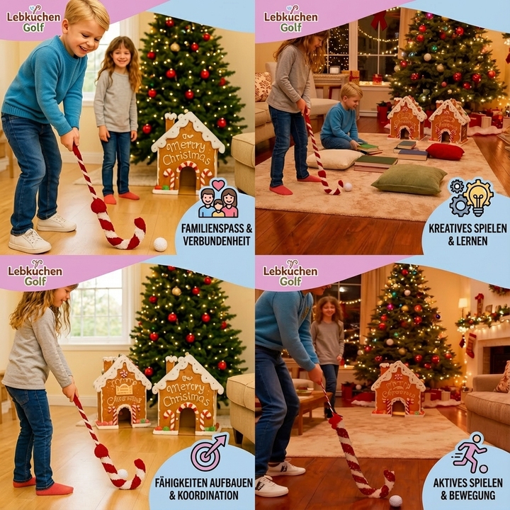 Kinder spielen fröhlich Lebkuchen Golfspiel. Minigolf-Set mit weihnachtlichen Lebkuchenmotiven, Indoor-Spass.