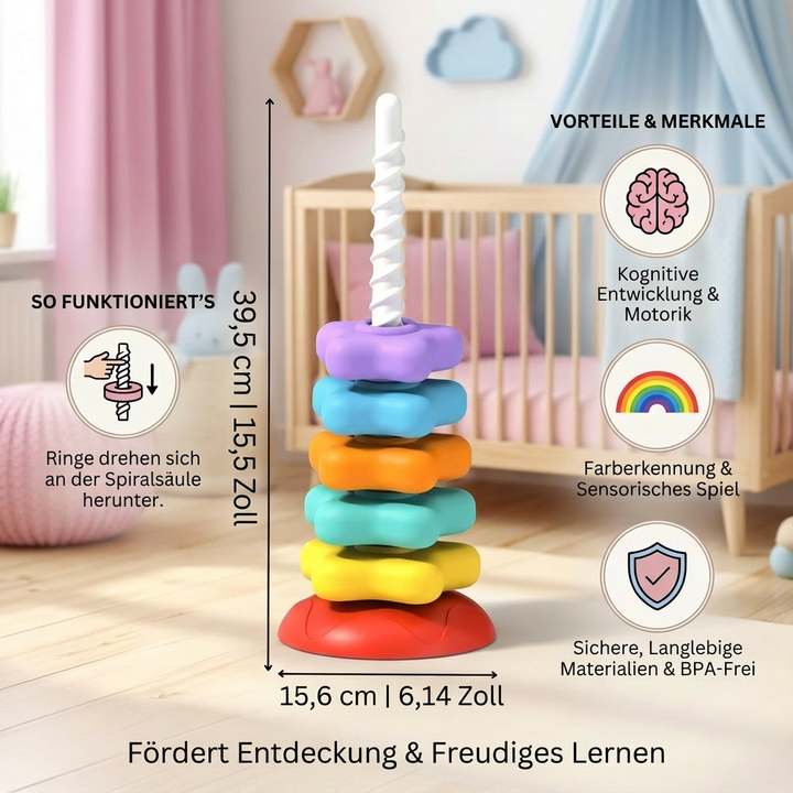 Detailansicht des Regenbogen Dreh- und Farbturms: Kinderspielzeug aus Holz zum Stapeln und Drehen für sensorisches Lernen.