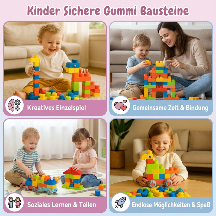 Set bunter Gummi Bausteine für Kinder. Sicheres Lernspielzeug zur Förderung von Sensorik & Motorik.