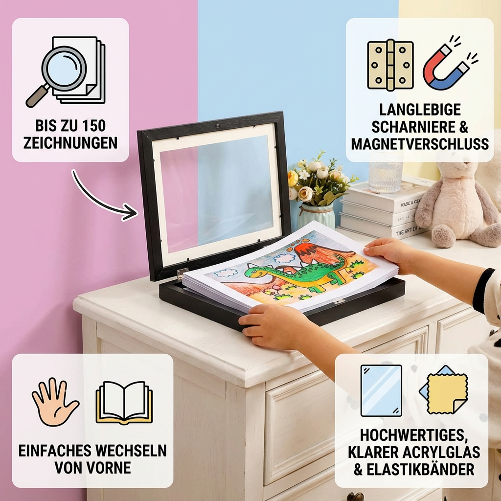Stilvoller Holzrahmen zur Präsentation von Kinderzeichnungen & Kunstwerken. Schöne Kinderzimmer-Deko & Galerie.