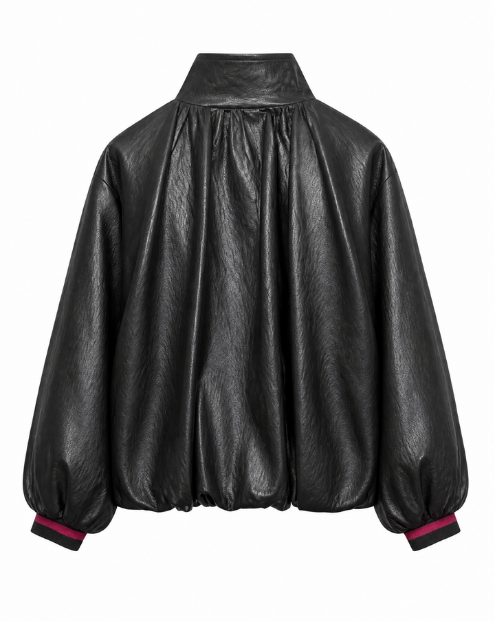 Trendige Damen Freizeitjacke in Oversized-Passform mit Stehkragen & voluminösen Ballonärmeln für einen lässig-eleganten Look.
