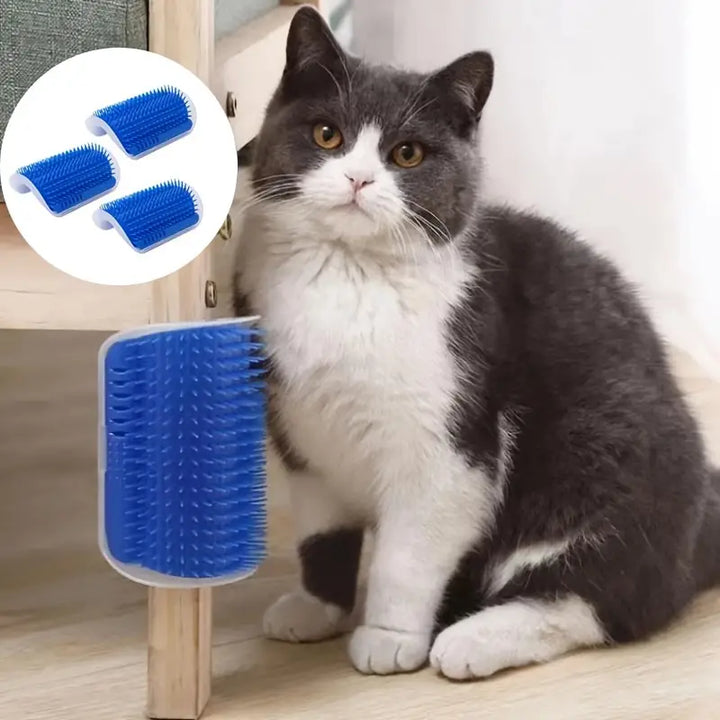 Katze reibt sich genüsslich an Wandbürste mit Katzenminze für Fellpflege & Massage. Interaktives Katzenspielzeug.