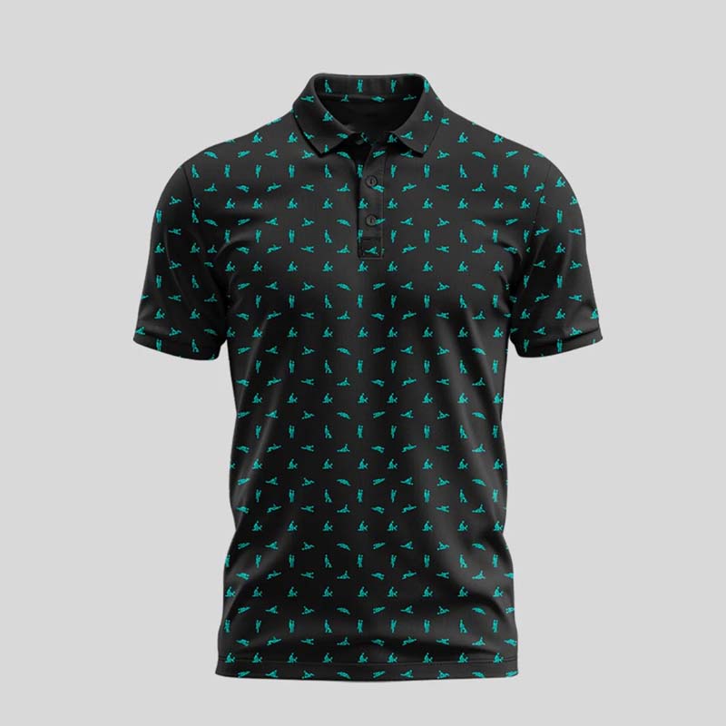 Schwarzes Herren Poloshirt mit Print; atmungsaktiv, stretch & angenehm zu tragen. Slim fit.