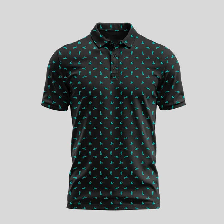Schwarzes Herren Poloshirt mit Print; atmungsaktiv, stretch & angenehm zu tragen. Slim fit.