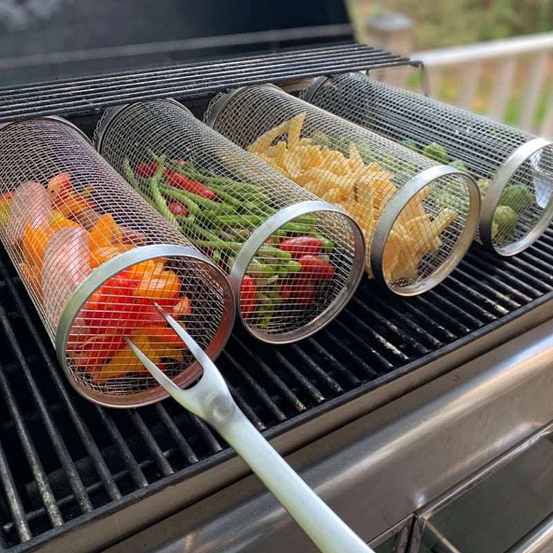 Drehbarer Edelstahl Grillkorb für BBQ-Gemüse & Fleisch. Perfektes zylindrisches Grillzubehör zum Outdoor-Grillen.