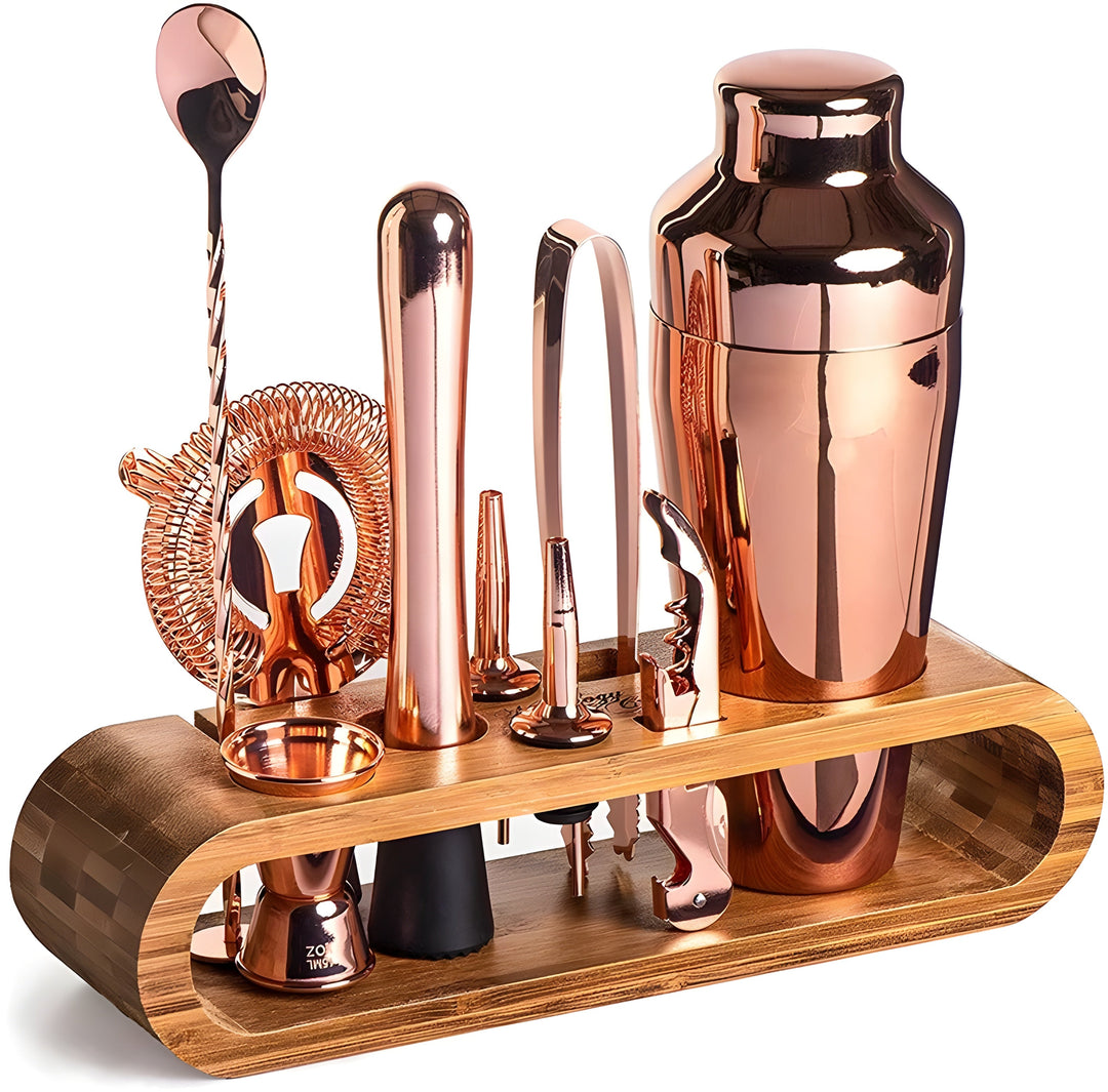 Professionelles 10-teiliges Barkeeper-Set mit Shaker, Messbecher und Sieb für vielfältige Cocktails.