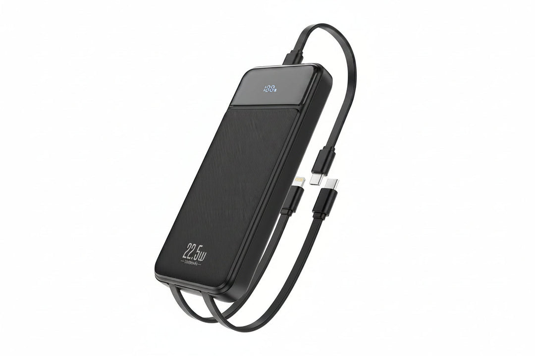 Powerbank 10.000 mAh zum Schnellladen von Mobilgeräten mit integrierten Kabeln.