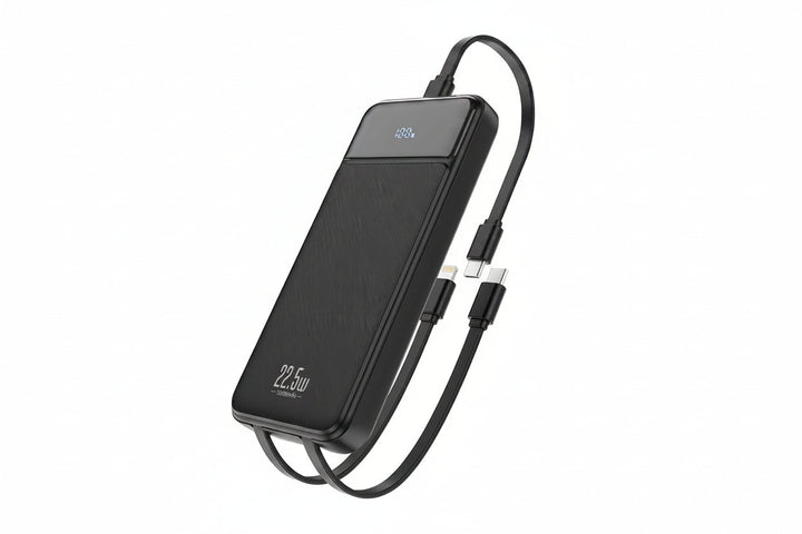 Powerbank 10.000 mAh zum Schnellladen von Mobilgeräten mit integrierten Kabeln.