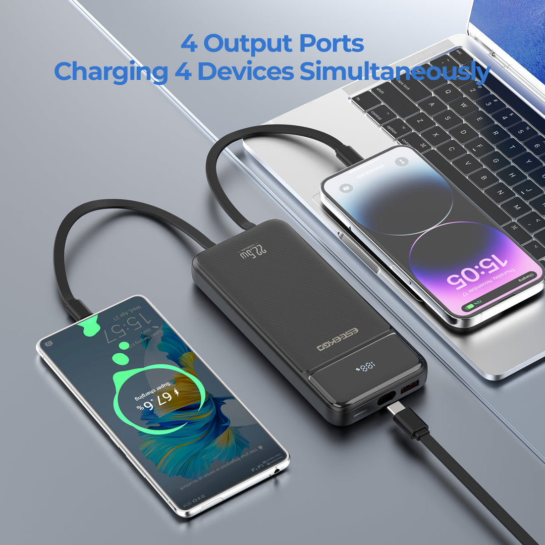 Powerbank 10.000 mAh mit integrierten USB-C und Lightning Kabeln für 4 Geräte. Schnellladung mobil.