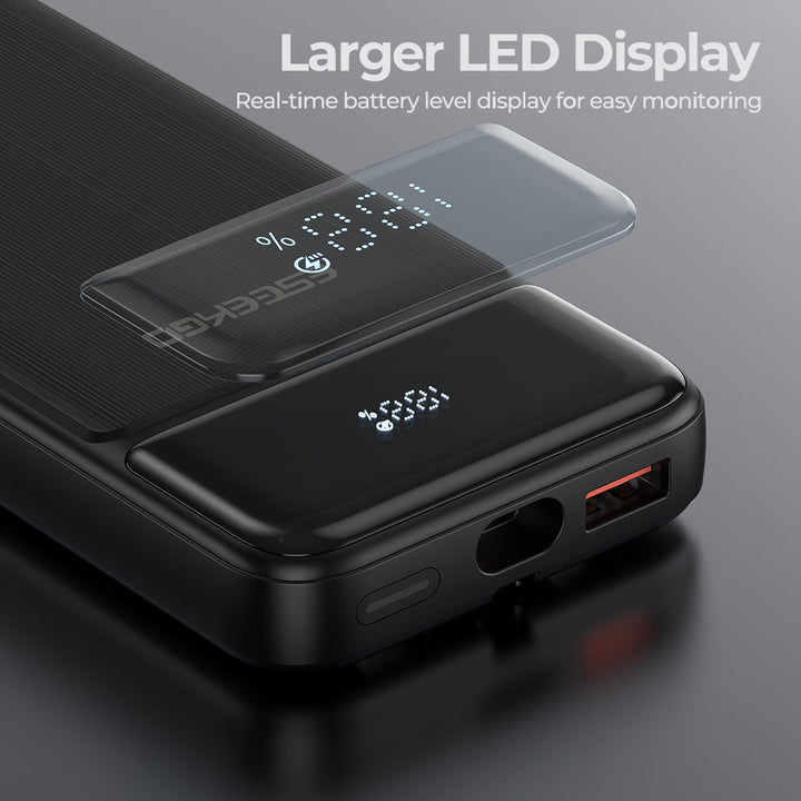 Externer Akku 10.000 mAh mit Schnellladefunktion; praktisches Handyzubehör für unterwegs.
