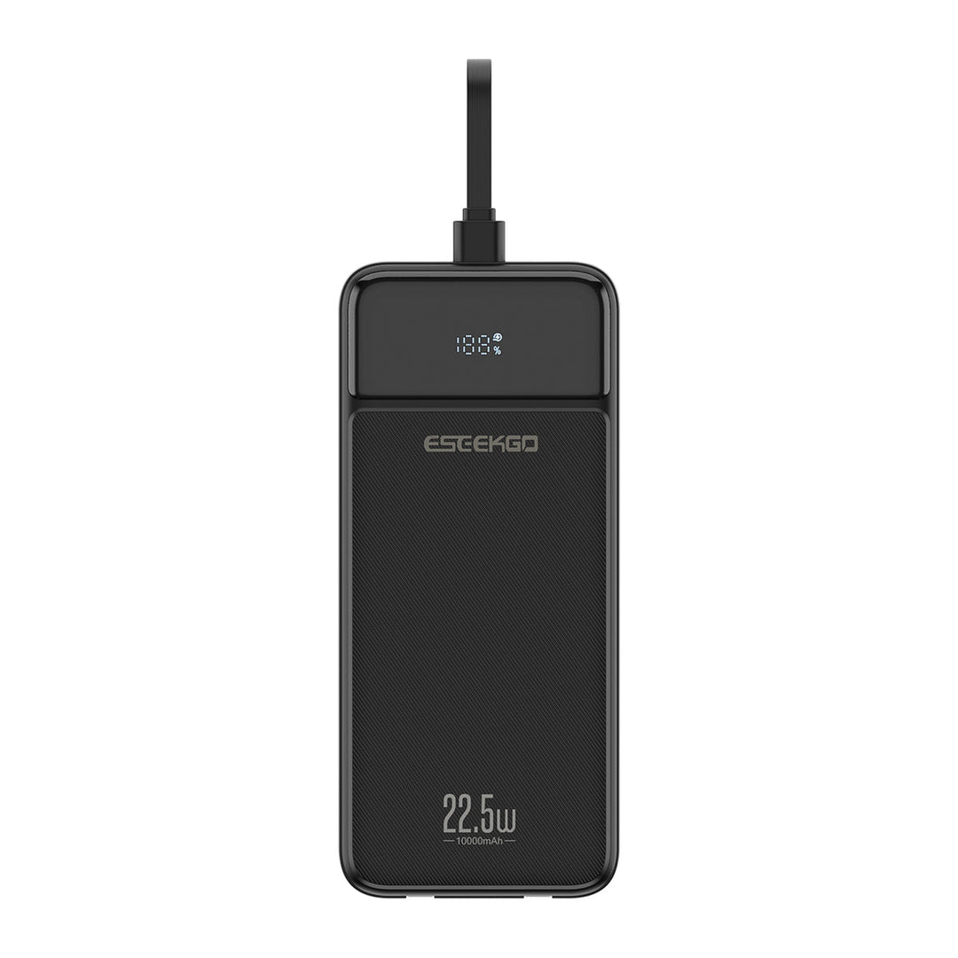 Reise-Powerbank 10.000 mAh mit integrierten Ladekabeln für USB-C und Lightning; schnelles Laden.