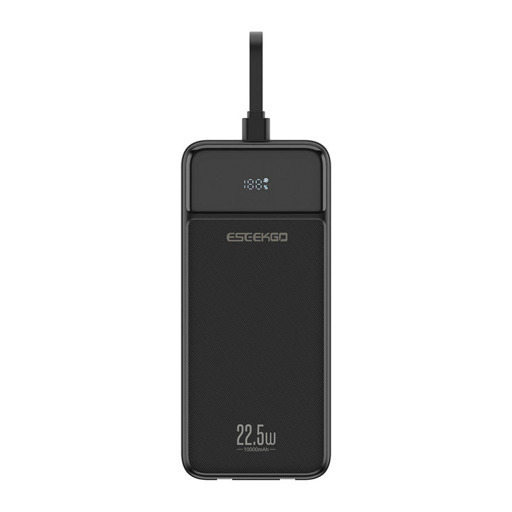 Reise-Powerbank 10.000 mAh mit integrierten Ladekabeln für USB-C und Lightning; schnelles Laden.