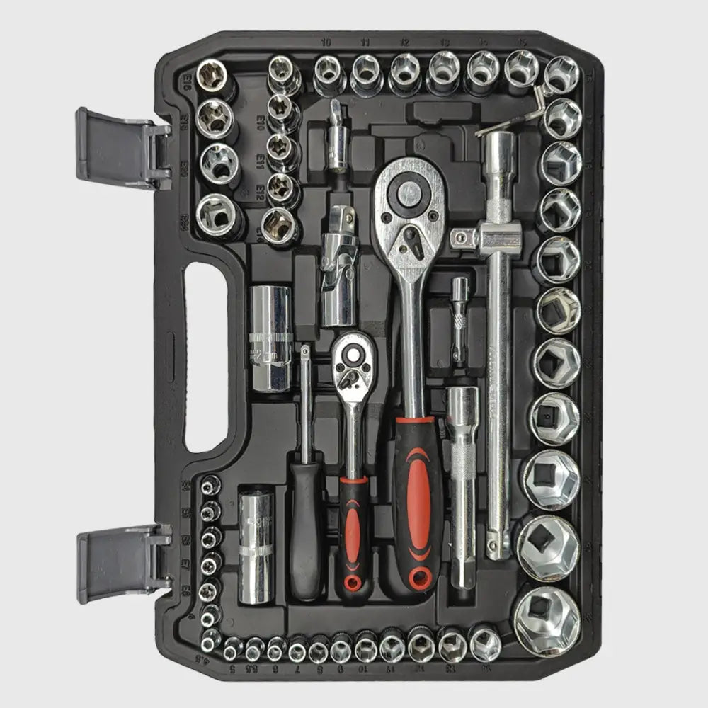 Vielseitiges 108-teiliges Steckschlüsselset mit Ratschen, Nüssen und Torx-Nüssen für Heimwerker und KFZ.