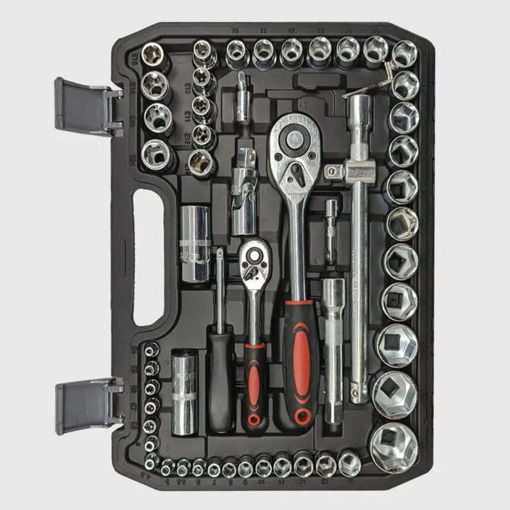Vielseitiges 108-teiliges Steckschlüsselset mit Ratschen, Nüssen und Torx-Nüssen für Heimwerker und KFZ.